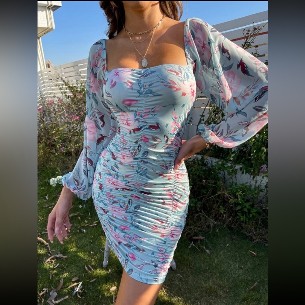 Light blue floral bodycon dress